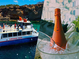 A split image of a party cruise and a bottle of cava in a bucket of ice in Ibiza
