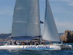 A large catamaran on the sea available to hire out with Ultimate Stag Extreme Hen CB
