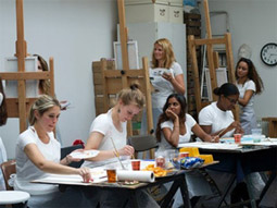 A group of women painting and drawing at nude life drawing in Amsterdam