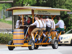 People dressed up with the theme of Mario pedalling through Berlin on a beer bike