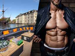 An image of a mans torso and a boat with drinks on in Amsterdam
