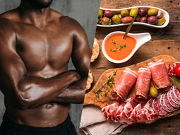 A split image of a male's body and part of a spanish themed meal at a hen fiesta in Madrid