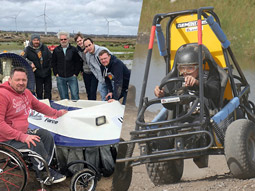 A split image of a people stood by a hovercraft and someone driving a dirt kart