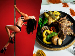 A split image of a woman on a pole and a plate of food at a Stag Fiesta in Ibiza