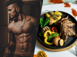 A split image of a man and a plate of food at a hen fiesta in Ibiza