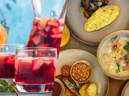 A split image of glasses of sangria and bottomless brunch