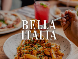 An italian pasta dish with the Bella Italia logo overlayed