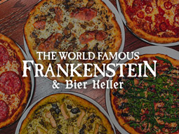 Multiple pizzas on a table with the Frankenstein logo overlayed