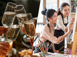 A split image of people clinking champagne and people painting in Dublin