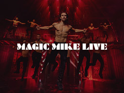 A group of topless men performing with the Magic Mike logo overlayed