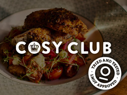 A meal at Cosy Club with their logo overlaid