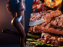 A split image of a female stripper and some steak
