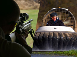 A split image of someone aiming an air rifle and someone driving a hovercraft