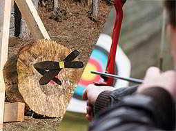 A split image of knives stuck in a wooden log and a person aiming a bow and arrow