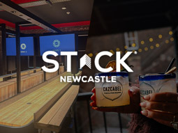 A split image of shuffleboard and a woman carrying two drinks with the STACK logo layered over it 
