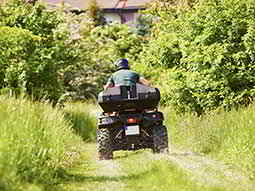 The back of a man driving a quad bike through a field