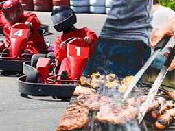 A split image of some go karts driving around a track and a man turning some meat on a BBQ with tongs 