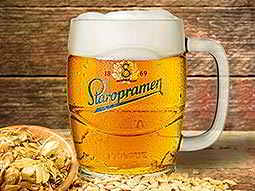 A full Staropramen Brewery tankard, with ingredients next to it