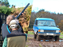 A split image of men firing bows and arrows, and shooting bullets at clays