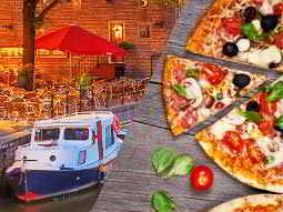 A split image of a boat moored on the canal in Amsterdam and a pizza with a slice being removed
