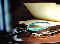 A magnifying glass on a table with a book in the background