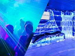 Split image of people dancing in a club to a backdrop of blue light, and the interior of Barcelona ice bar