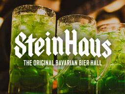 Split image of a stein of beer being pourd, and burgers and chips served on a wooden board