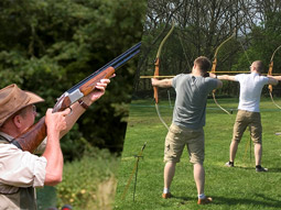 A split image of someone shooting and men playing archery