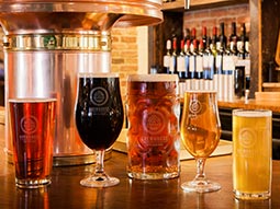 Lots of sample beers lined up on a bar