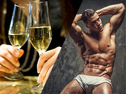A split image of two women holding glasses of alcohol and a topless man posing