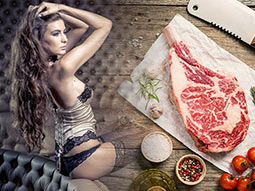 A split image of a woman in sexy lingerie sitting down and a steak on a wooden table
