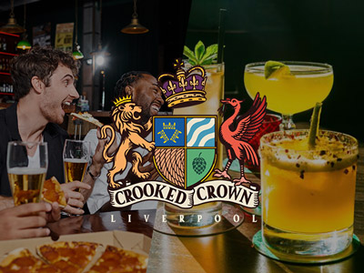 A split image with some men eating pizza and some cocktails with the Crooked Crown Liverpool logo over the top 