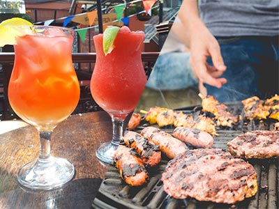 A split image of two cocktails and some meat on a BBQ