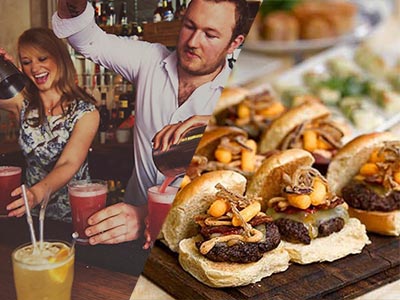 A split image of a man and a woman making cocktails and some mini burgers