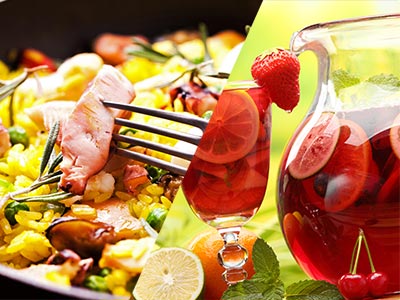 A split image of paella and sangria