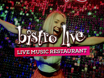 A split image of women wearing hen party accessories and a meal on a plate