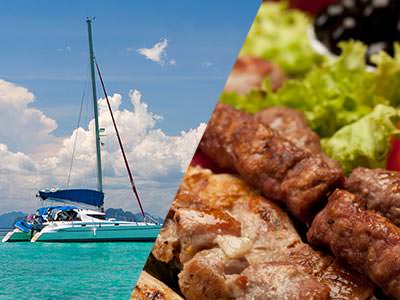 Split image with right side showing catamaran on clear blue water and left side showing meat and salad