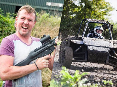 A man holding an assault rifle and a man riding in a Rage Buggy at Max Events.