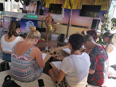 A group of women drawing a nude male man at Nude Life Drawing in Algarve