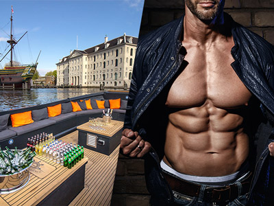 An image of a mans torso and a boat with drinks on in Amsterdam