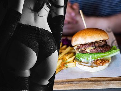 A split image of a woman stripping and a burger and chips meal in Dublin