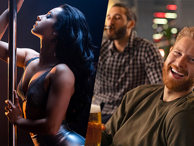 A split image of a woman performing a strip and some men with bottles of beer in Lisbon