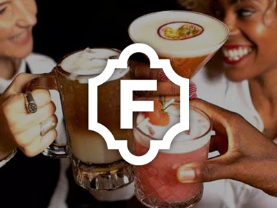 A group of people clinking beer and cocktails with the Fridays logo overlayed