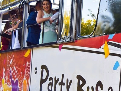 A group of people on a party bus transfer in Bratislava 