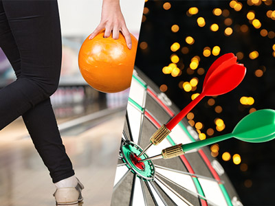 A split image of someone bowling and darts in a dartboard in Newcastle