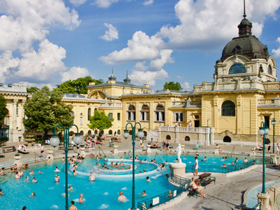 Szechenyi Thermal Baths on a sunny day in Budapest