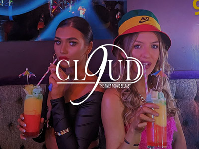 Two girls sipping on mocktails with the Cl9ud logo overlayed