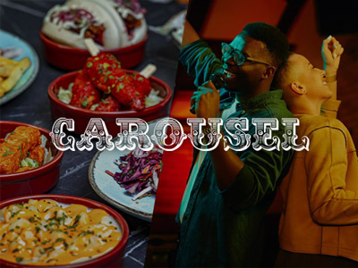 A split image of bottomless food and people singing at karaoke