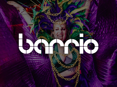 A club performer with the Barrio logo overlaid