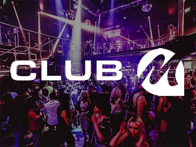 A dance floor filled with people under purple lighting and Club M's logo overlapping 
